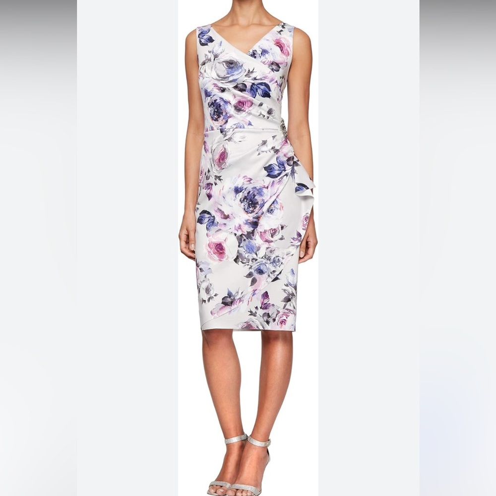 Alex Evenings Short Crepe Dress w/ Side Ruched Waist Bejeweled‎ Wedding Guest